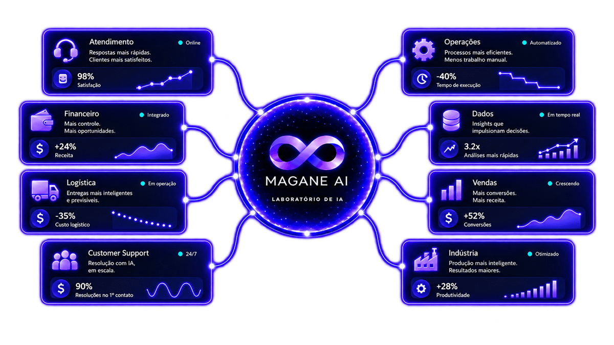 Magane AI conectando atendimento, finanças, logística, suporte, operações, dados, vendas e indústria